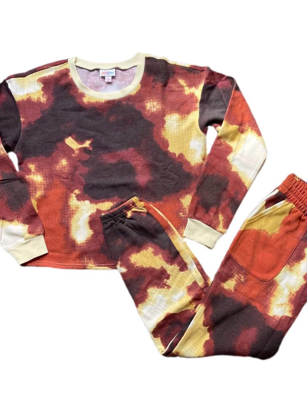 NEW S LuLaRoe Lulu Matching Set Sweatsuit Joggers Long Sleeve Tie Dye Brown Gold